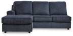 Cobalt blue fabric sofa chaise with left-facing chaise extension and square arms