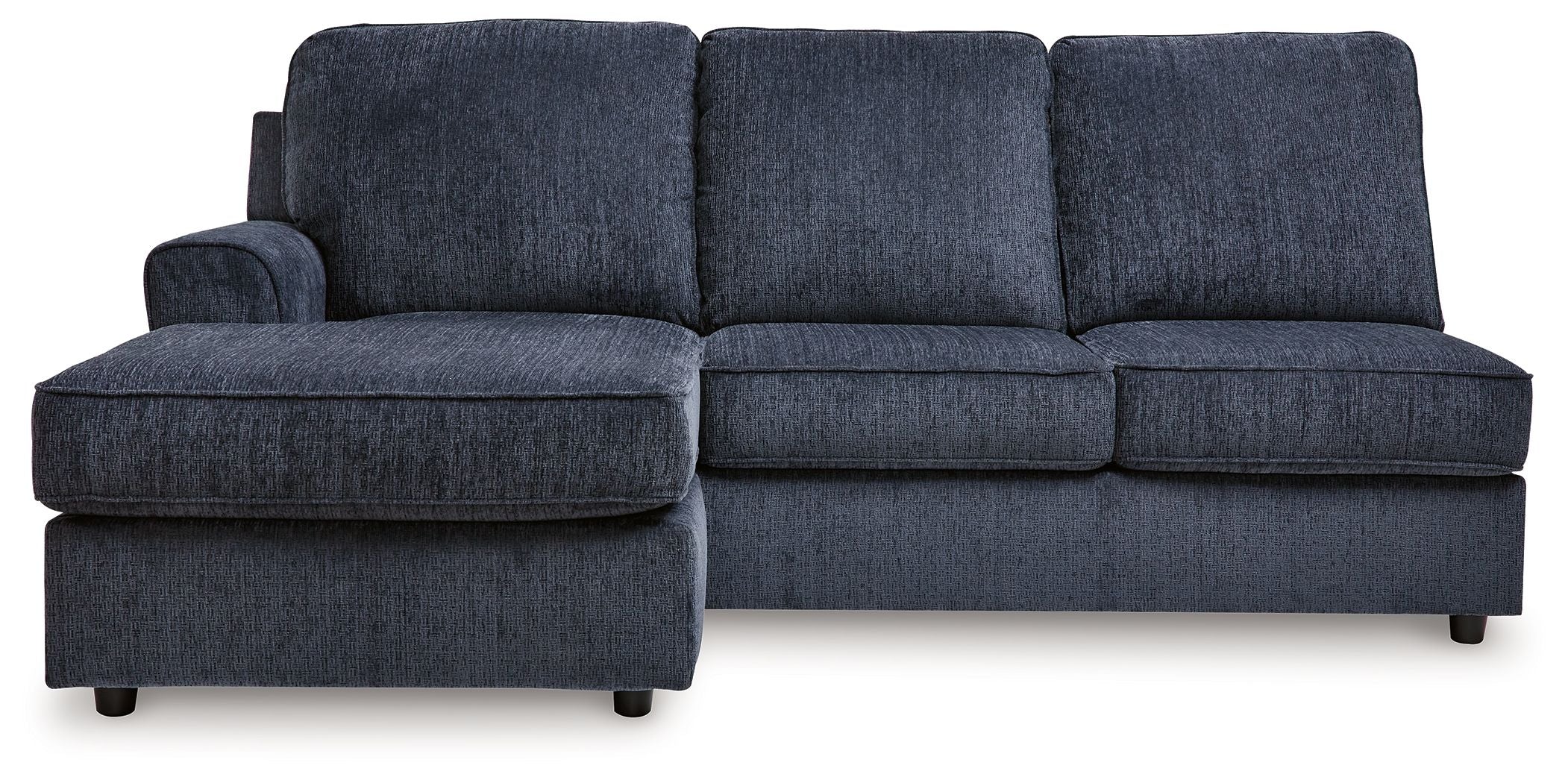 Cobalt blue fabric sofa chaise with left-facing chaise extension and square arms