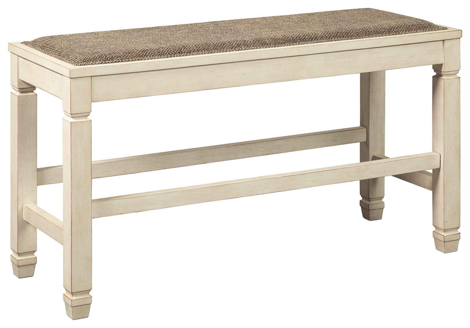 Beige upholstered counter bench with textured brown fabric top and light wood legs