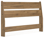 Honey wood full panel headboard with rounded top corners and three rails