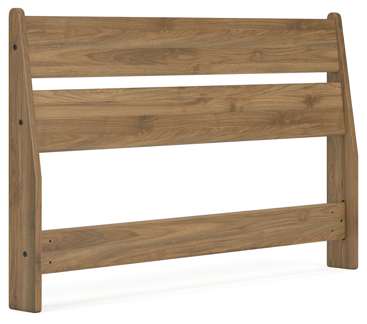 Honey wood full panel headboard with rounded top corners and three rails