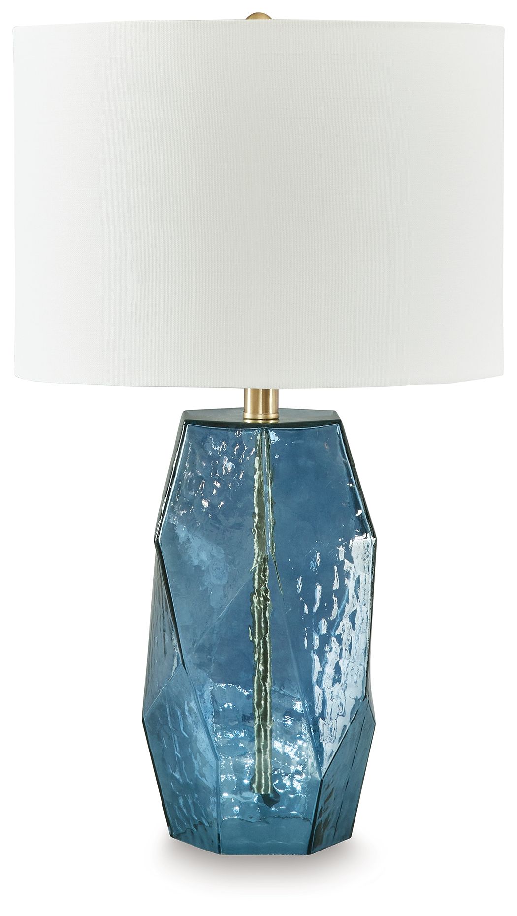 Blue glass table lamp with white fabric shade and brass top, faceted octagon body
