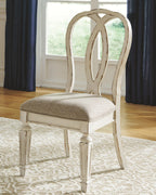 Upholstered dining side chair with ribbon back, beige seat, white carved legs