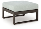 Ottoman with cushion, light gray fabric top and dark brown/black base