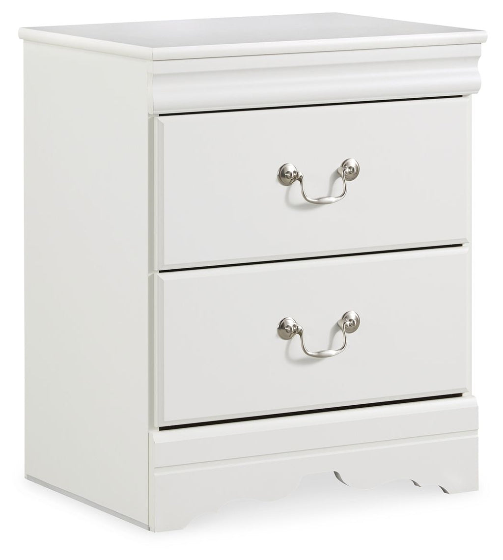 White two-drawer nightstand with curved metal drawer pulls and scalloped base