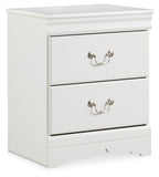 White two-drawer nightstand with curved metal drawer pulls and scalloped base