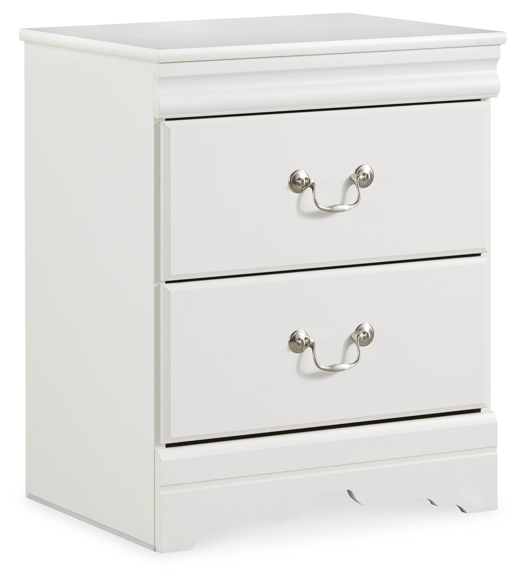 White two-drawer nightstand with curved metal drawer pulls and scalloped base