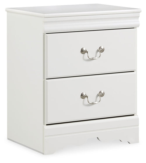 White two-drawer nightstand with curved metal drawer pulls and scalloped base