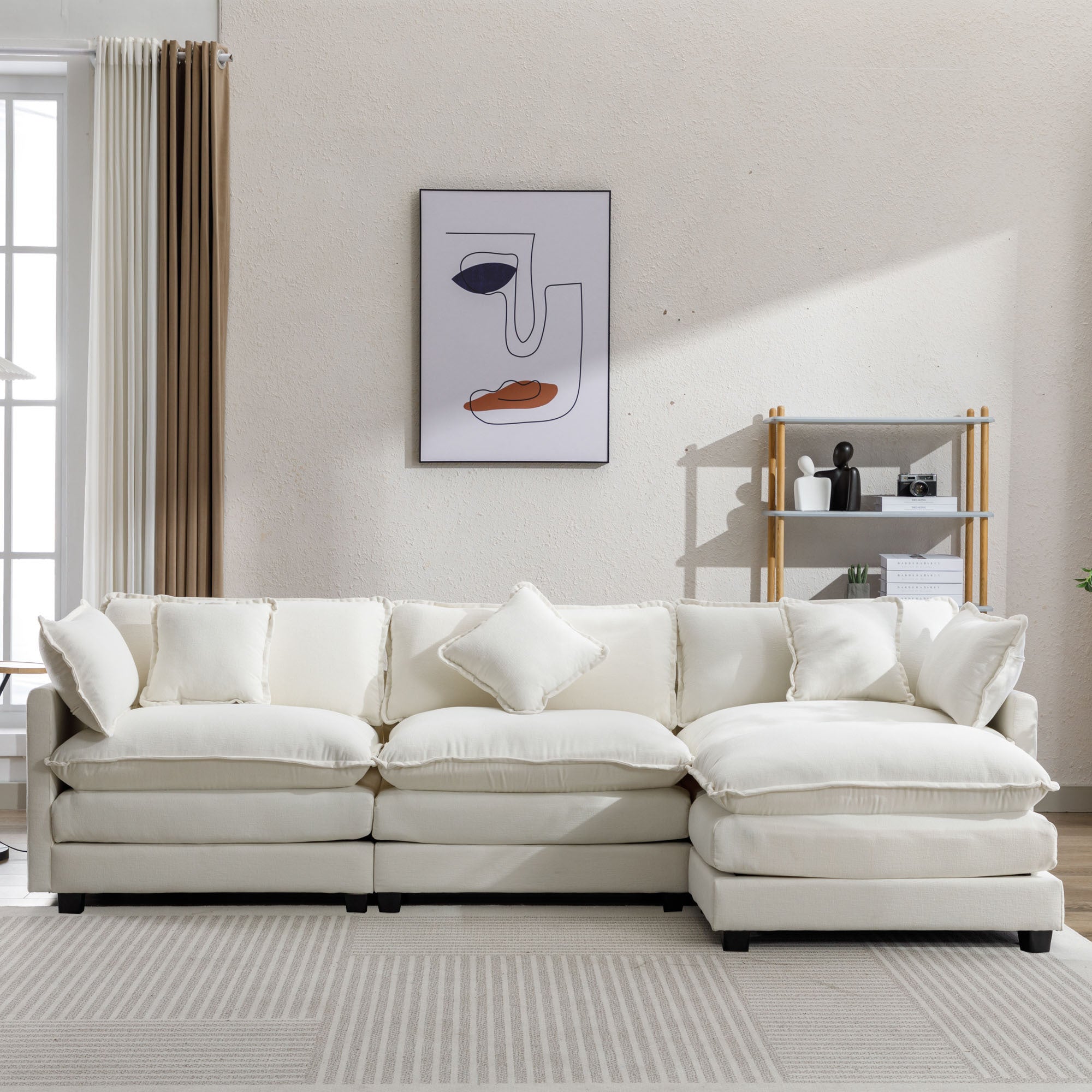 L-Shape Chenille Sectional Sofa w/ Ottoman - Modern Beige