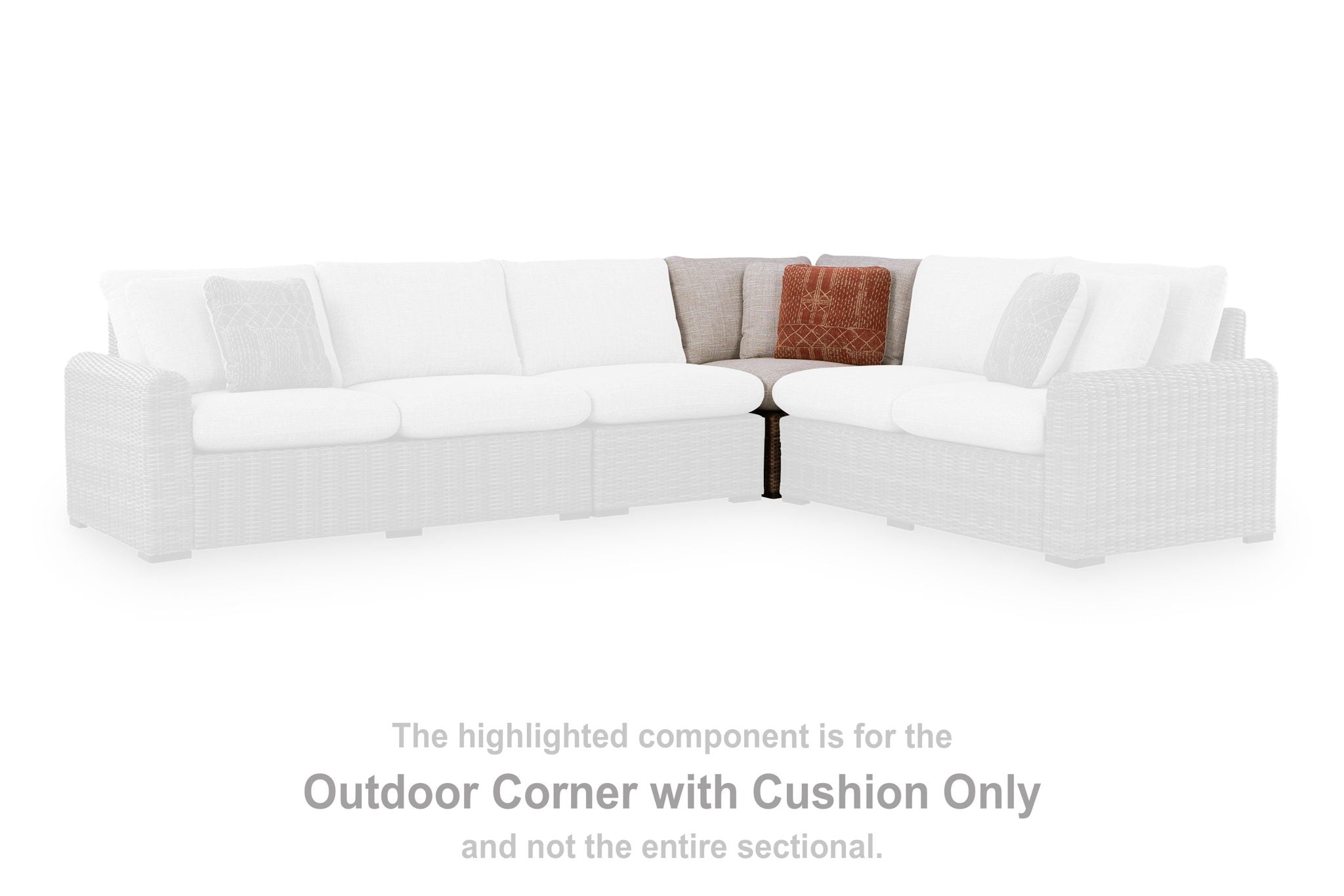 Outdoor corner sectional unit with beige cushion and brown wicker frame