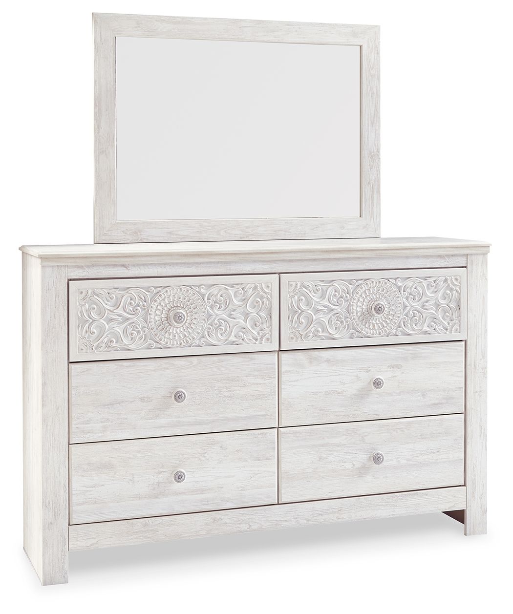 Whitewash dresser with attached mirror and ornate medallion drawer fronts