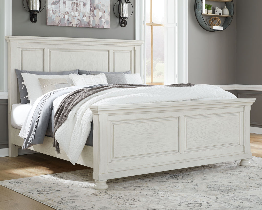 White panel bed with headboard and footboard, matching rails and posts