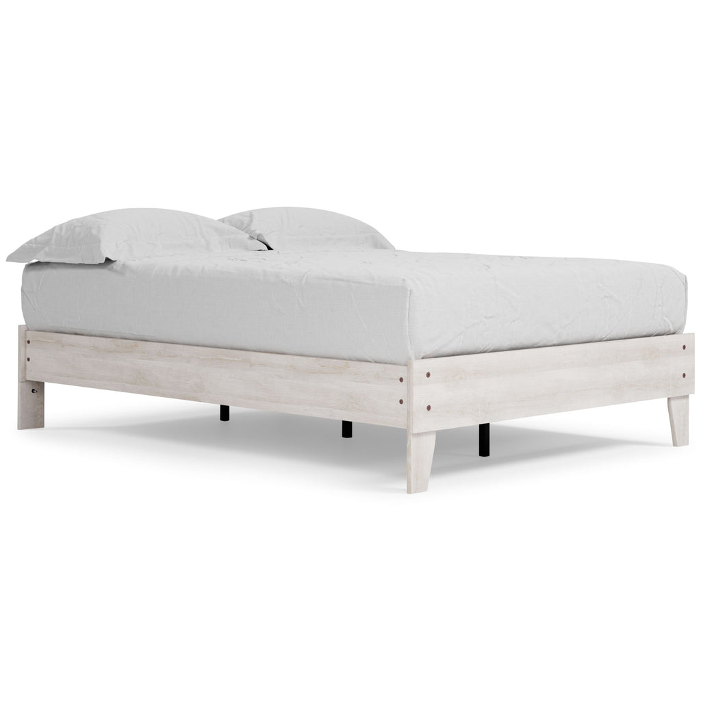 White platform bed frame with white upholstered mattress and low side rails