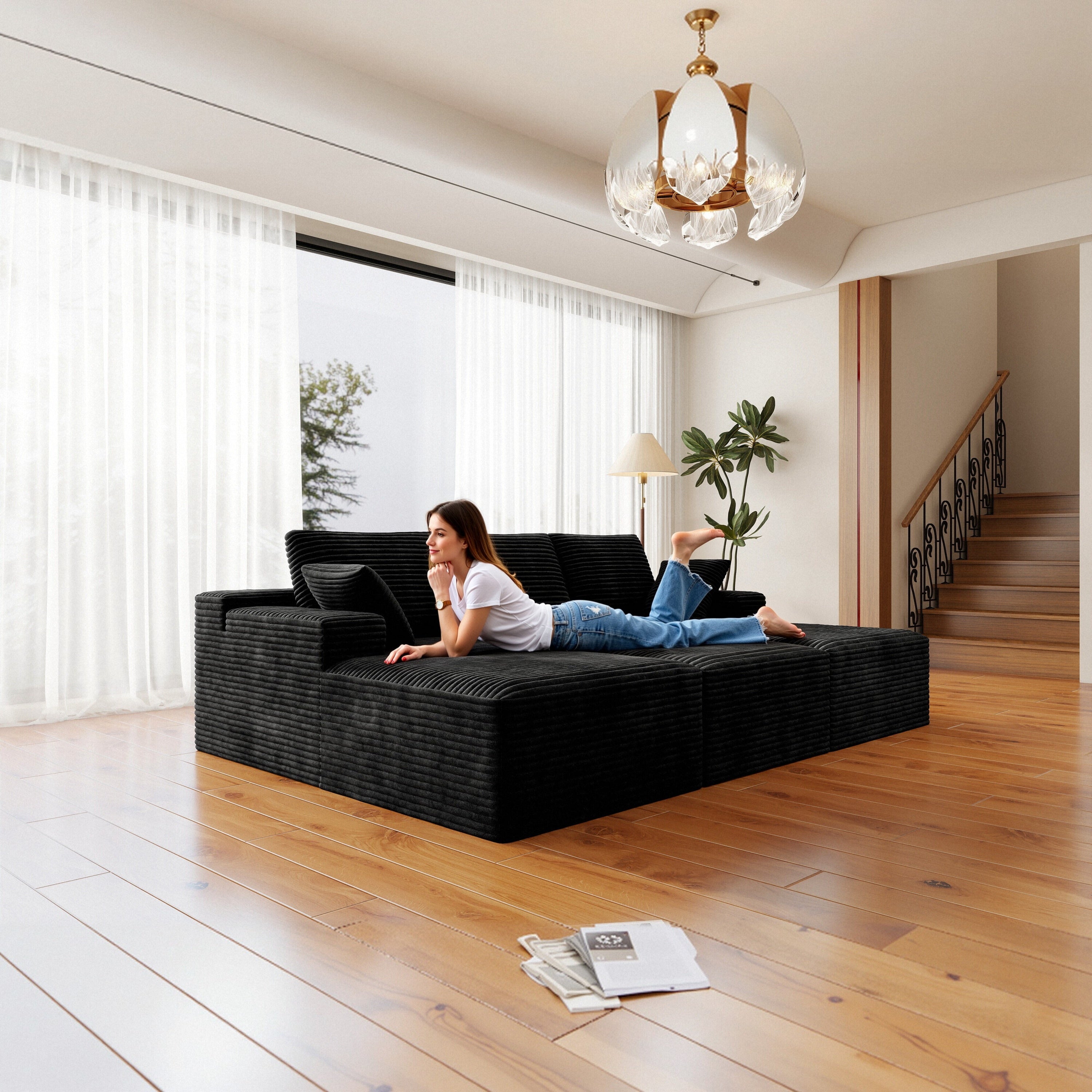 Plush Black Corduroy 4PC Modular Sectional Sofa No Assembly