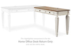 Home office desk return with white base, brown tabletop, and two drawer fronts