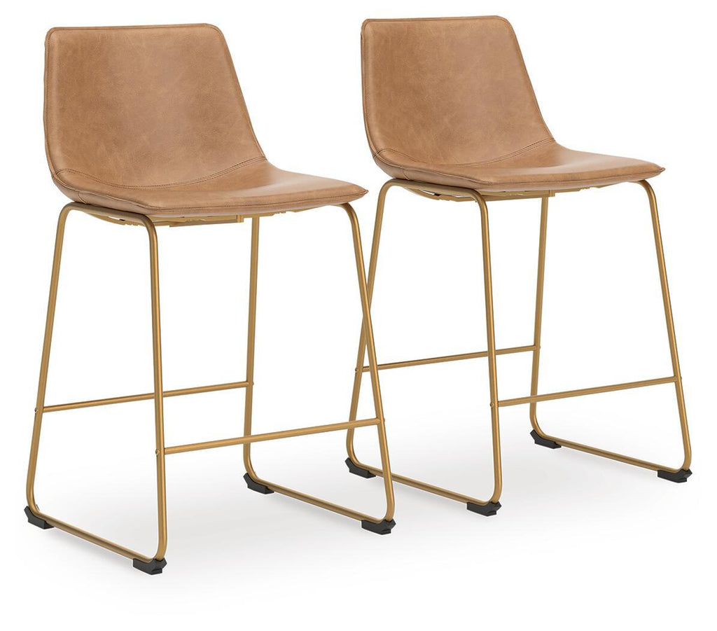 Set of 2 light brown upholstered barstools, curved seats, gold frame legs