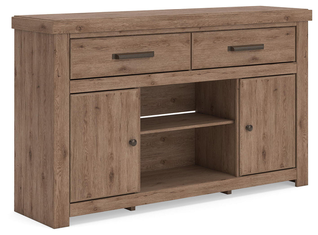 Light brown wood TV stand with two drawers and cabinet doors, open center shelf.