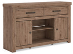 Light brown wood TV stand with two drawers and cabinet doors, open center shelf.