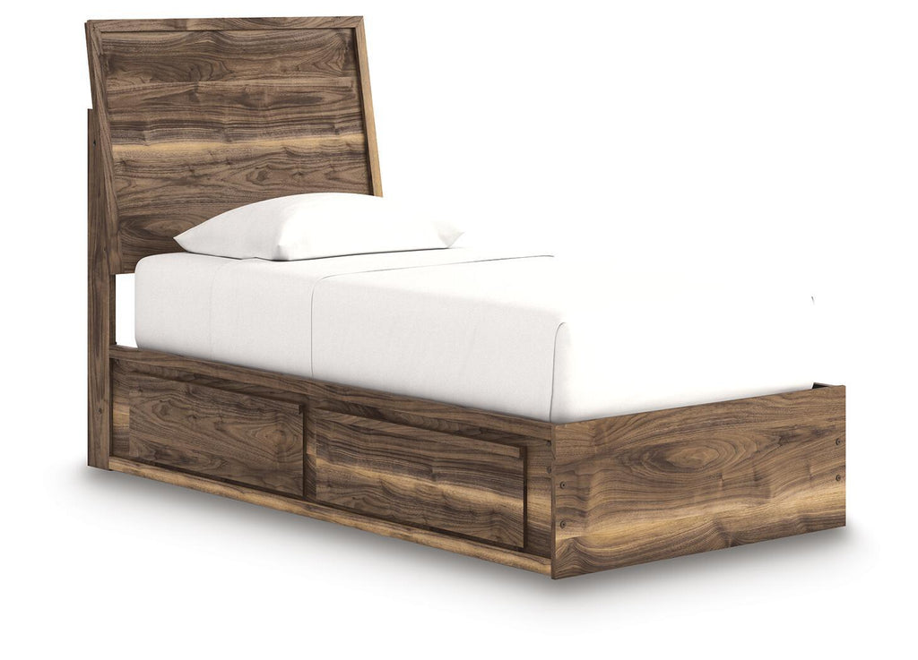 Dark brown panel bed with storage drawers and white upholstered mattress