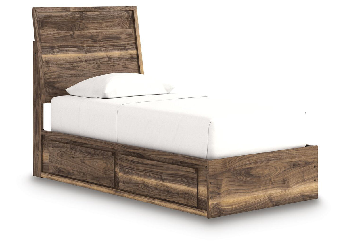 Dark brown panel bed with storage drawers and white upholstered mattress