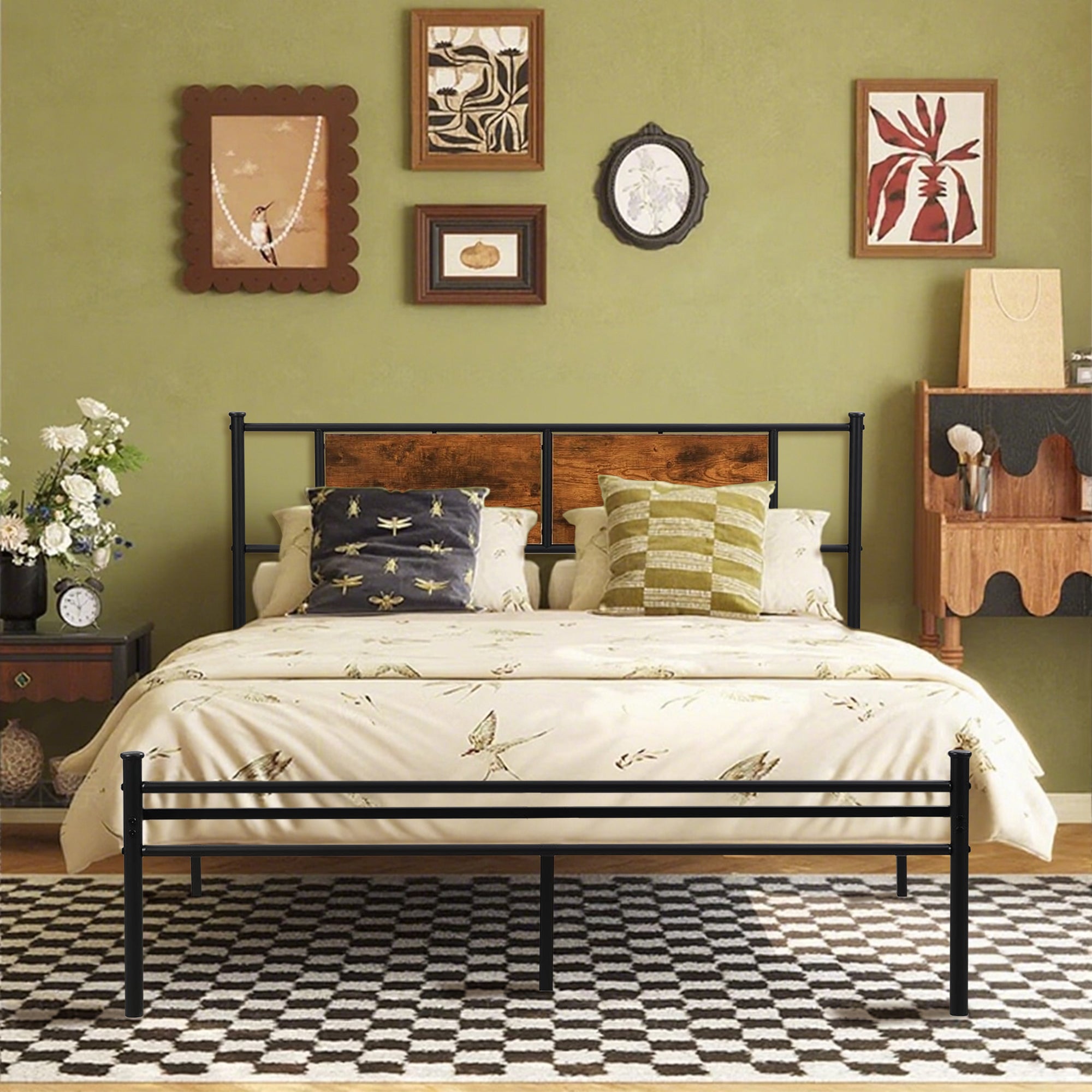 Full Size Metal Bed Wood Panel Headboard Black Brown