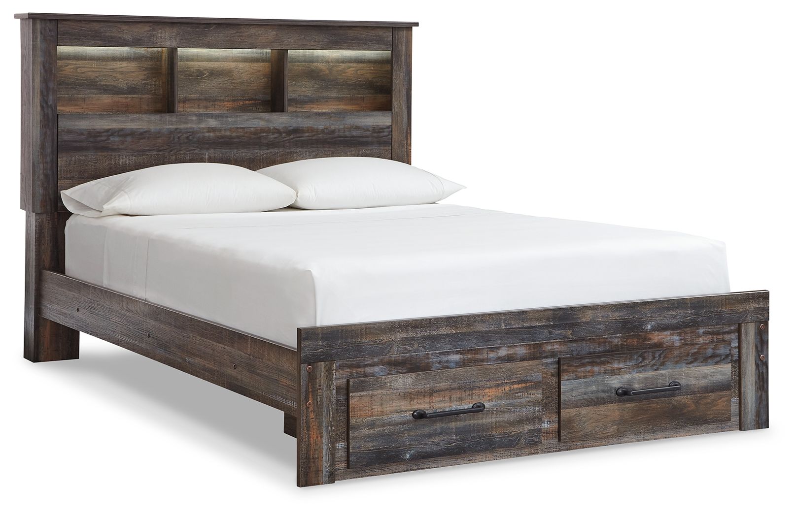 Panel bookcase bed with two under-drawer storage, weathered wood frame, white pillows