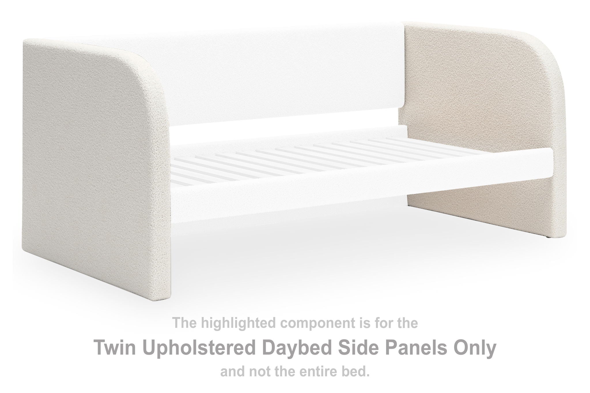 White upholstered twin daybed side panel with rounded top and vertical stitching