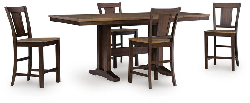 Rylandeen counter-height dining table set with stools and bench, dark brown finish