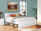 White panel platform bed with slatted support and side drawers, shown with bedding