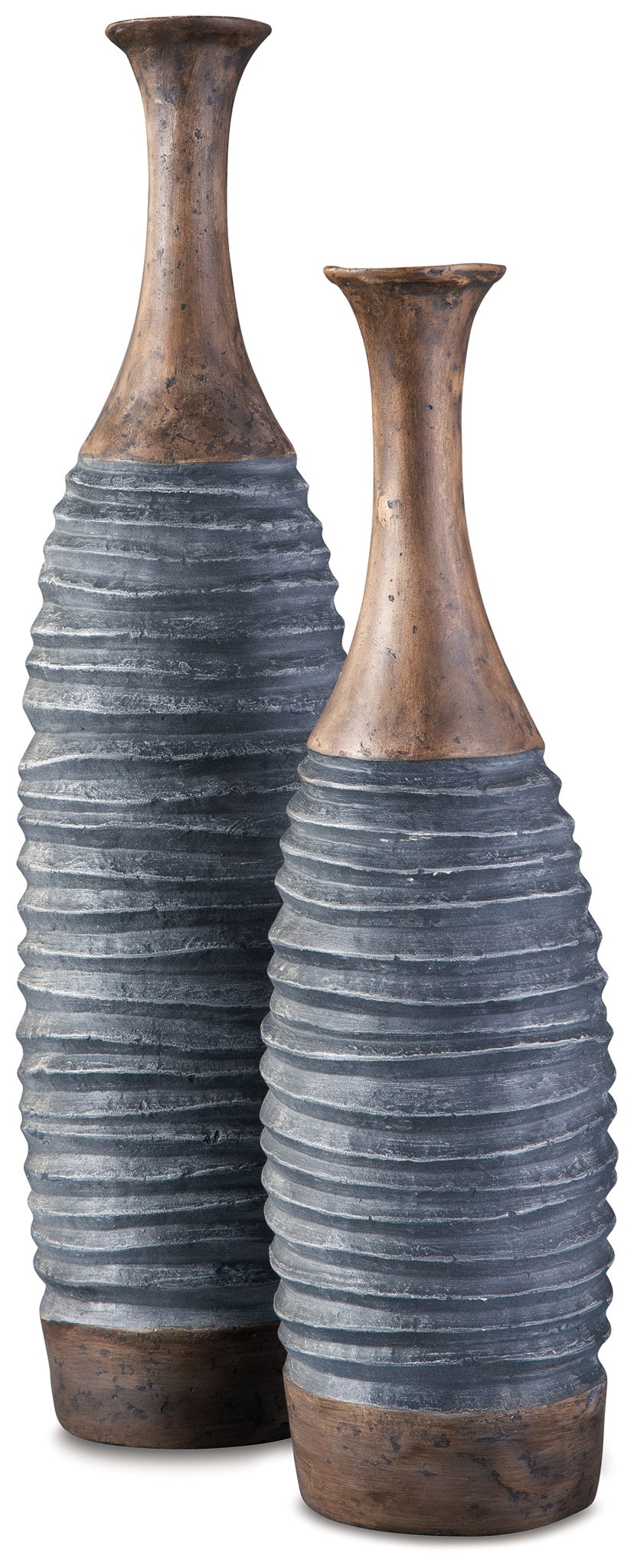 Two ribbed tall vases, antique gray-blue with brown distressed tops and bases