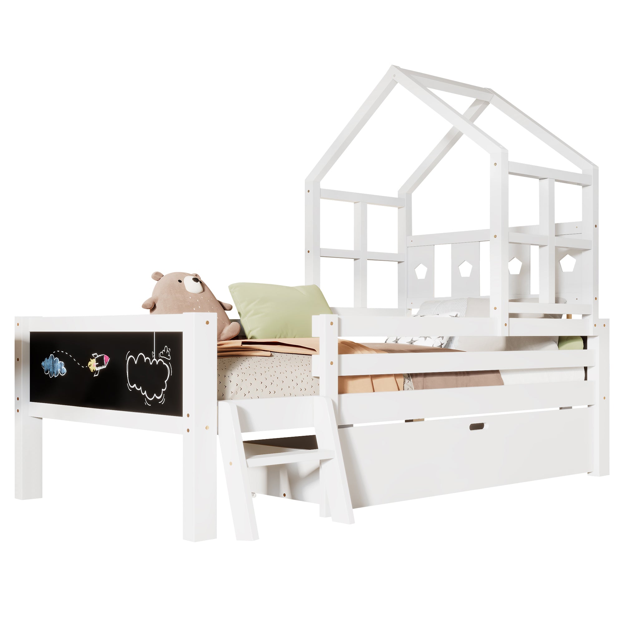 Twin Bed with Ladder & Storage: Blackboard Design