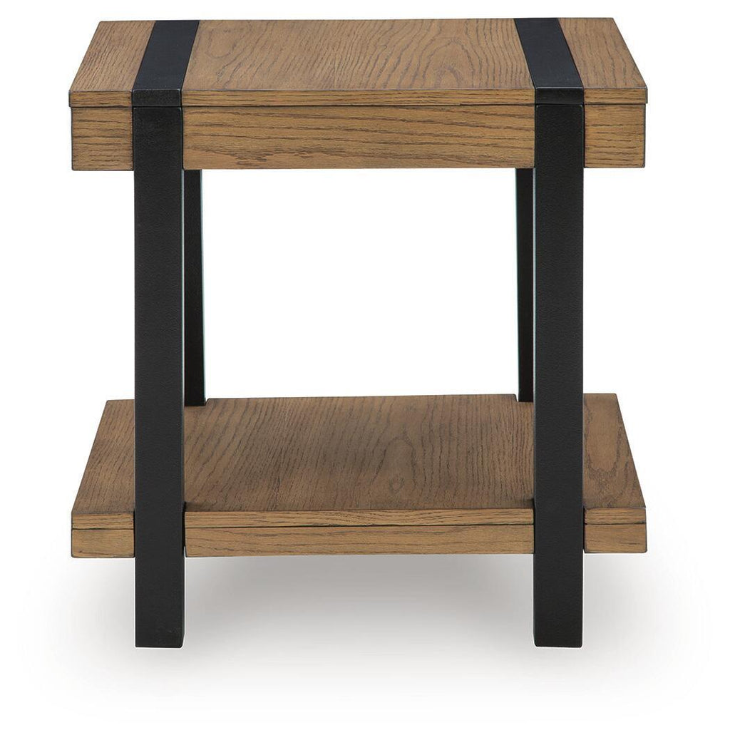 Light brown side table with black legs, open lower shelf, rectangular top