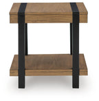 Light brown side table with black legs, open lower shelf, rectangular top