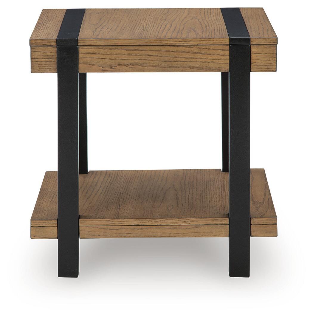 Light brown side table with black legs, open lower shelf, rectangular top