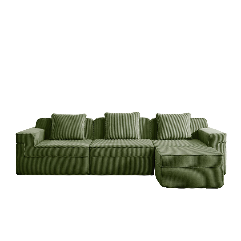 Green corduroy modular sectional sofa with chaise ottoman and wide seat cushions