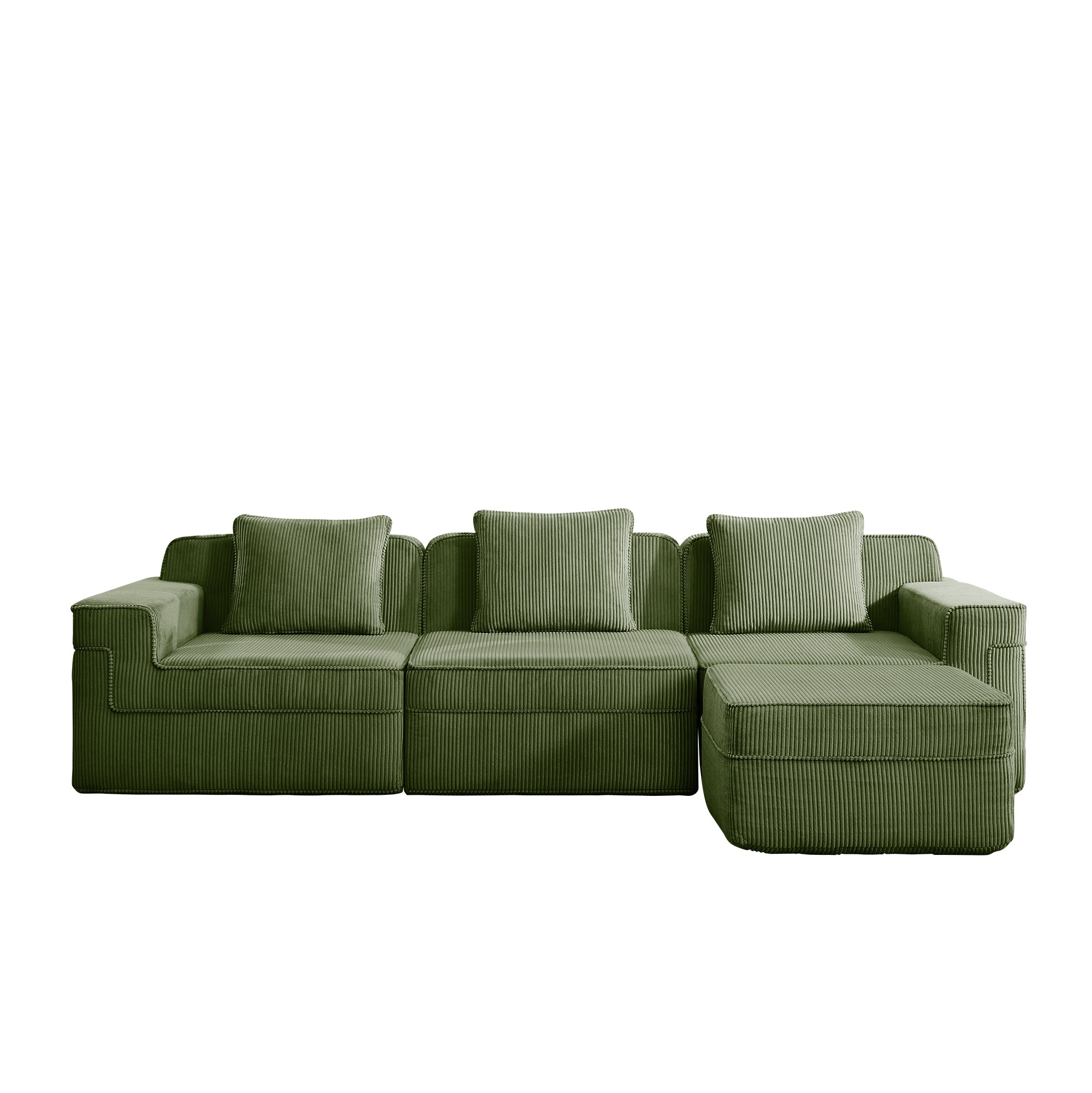 Green corduroy modular sectional sofa with chaise ottoman and wide seat cushions