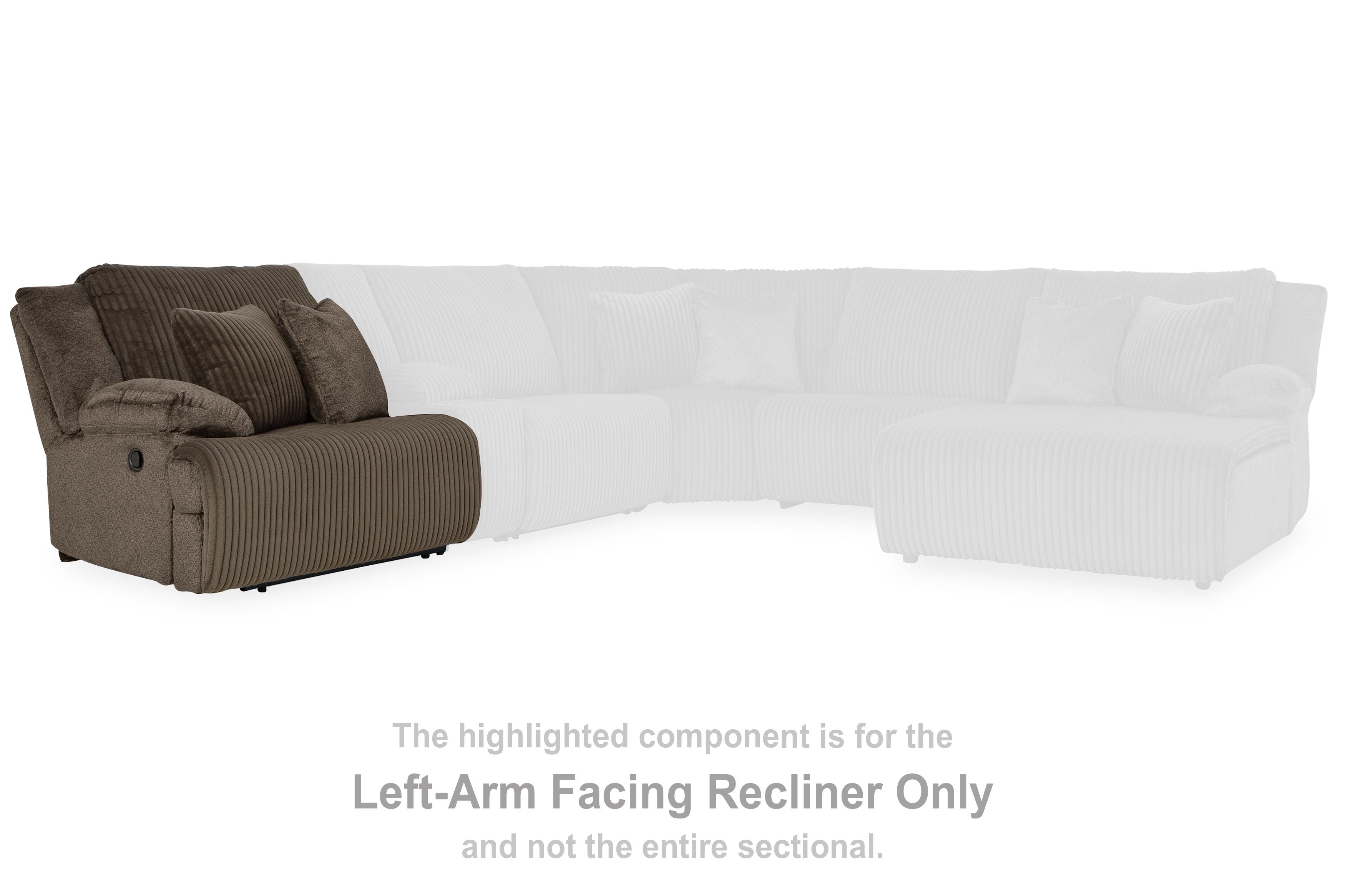 Left-arm facing recliner in chocolate fabric beside light gray sectional seats