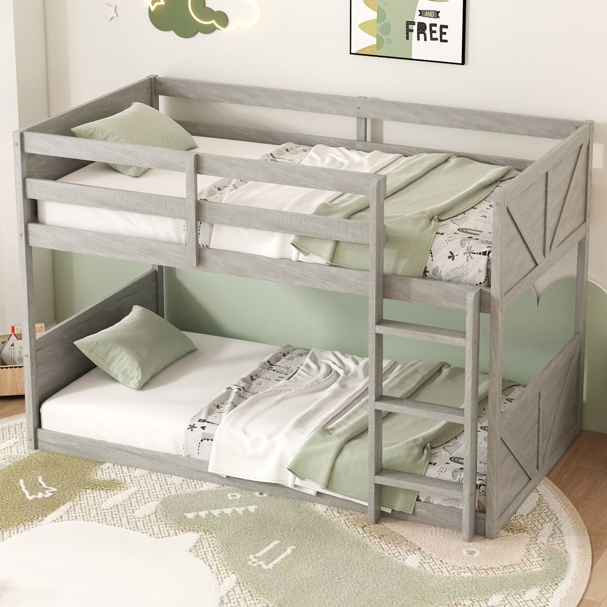Twin over Twin Floor Bunk Bed, Antique White, Solid Wood, Guardrails