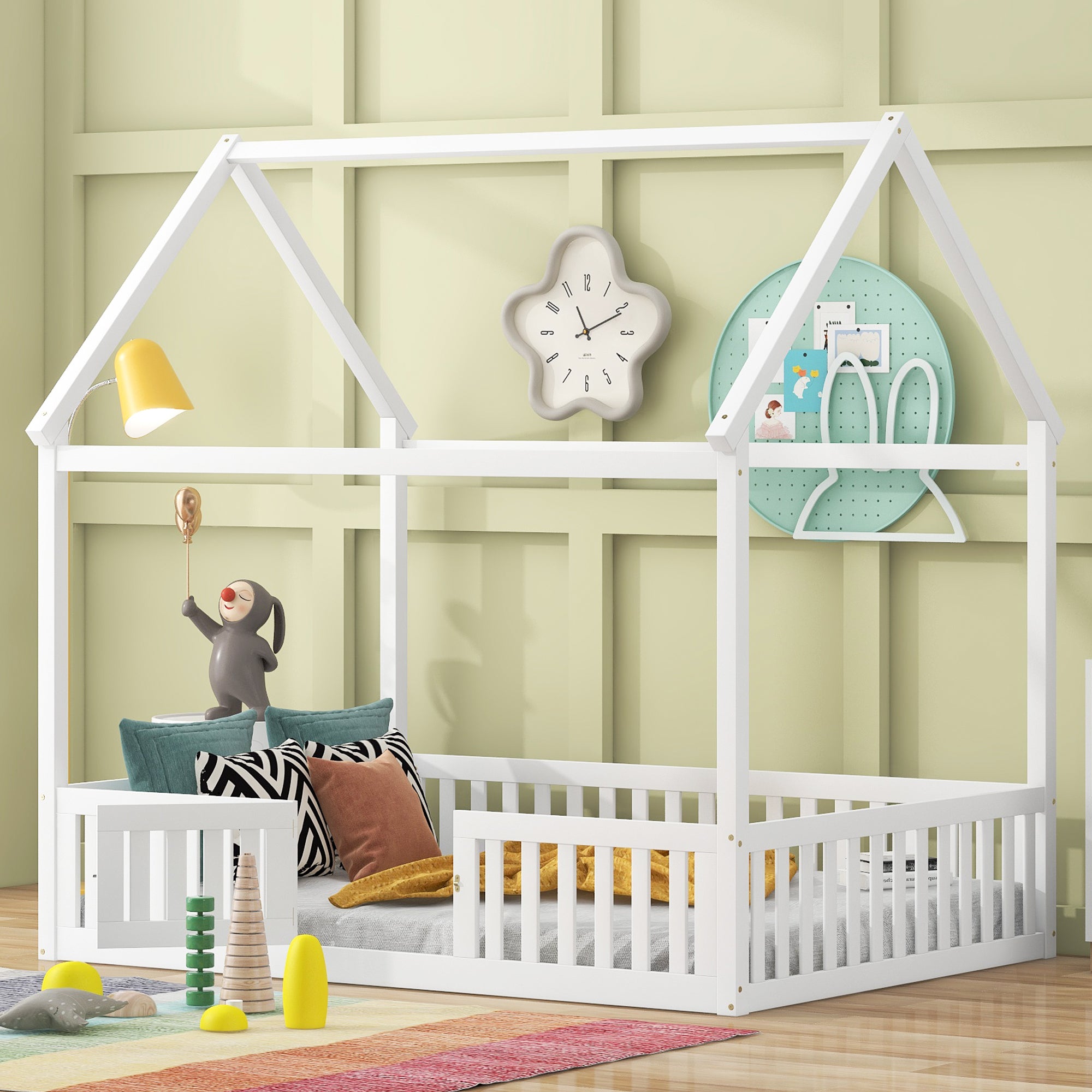 Full Size Wood House Bed with Fence & Door - White Frame
