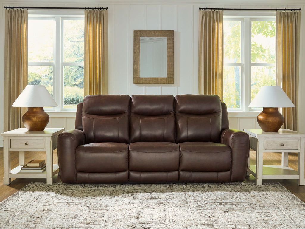 Gravier power reclining sofa with adjustable headrests, dark brown leather, padded seat and back
