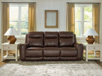 Gravier power reclining sofa with adjustable headrests, dark brown leather, padded seat and back