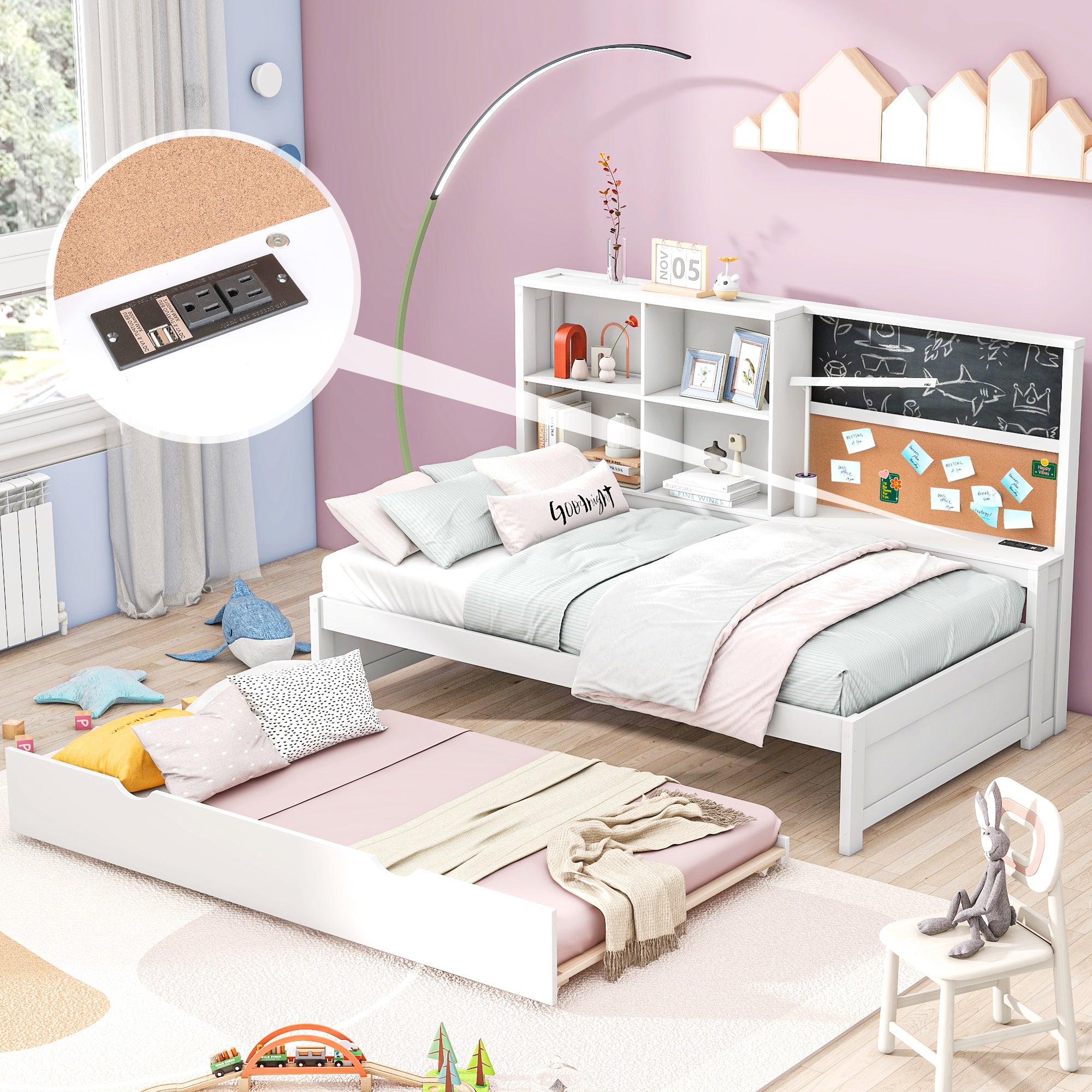 White Twin Daybed w/ Storage, Trundle, USB, Chalk & Cork Boards