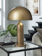Brass metal lamp with wide dome shade and cylindrical base