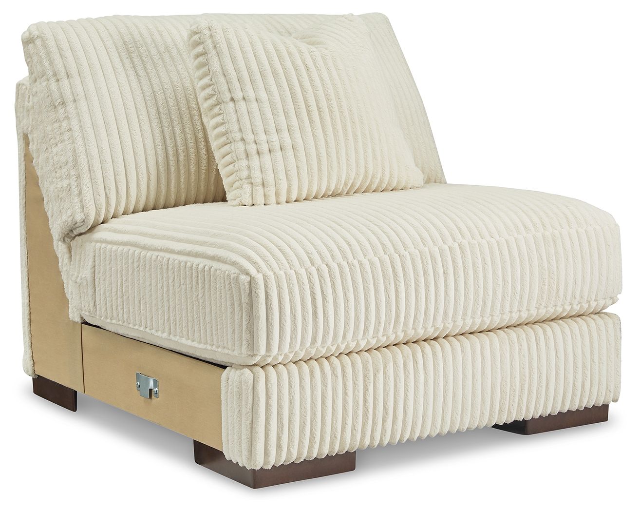 Ivory armless chair with ribbed cord upholstery and two pillows