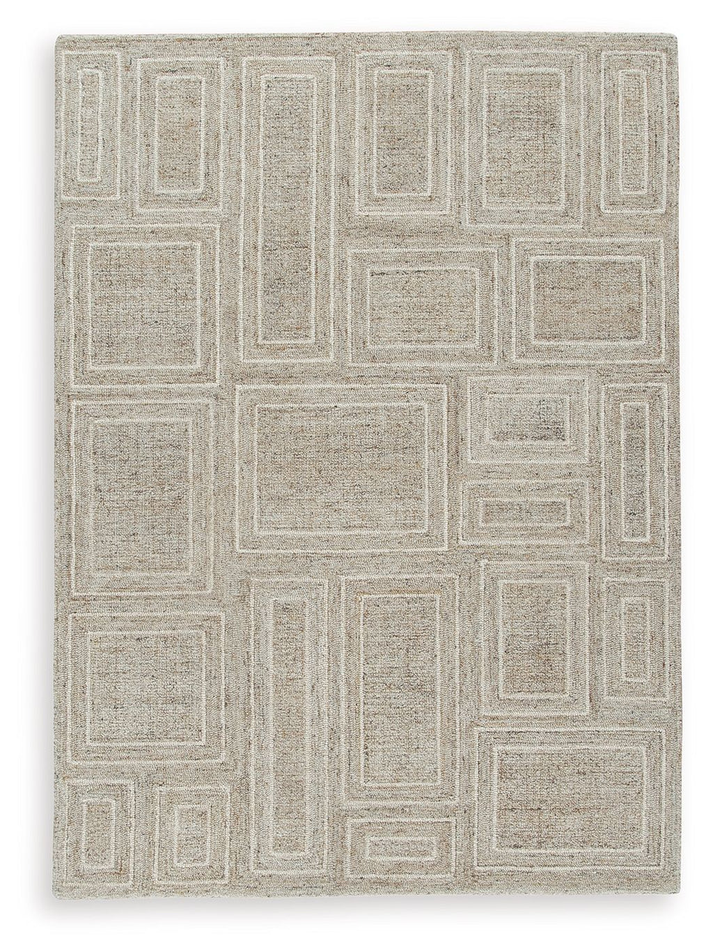 Gray area rug with outlined block and maze-like pattern