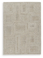 Gray area rug with outlined block and maze-like pattern