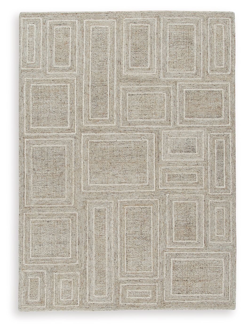 Gray area rug with outlined block and maze-like pattern