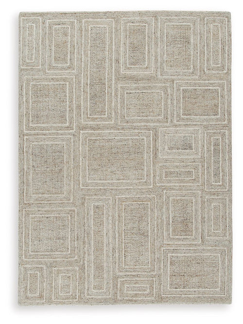 Gray area rug with outlined block and maze-like pattern