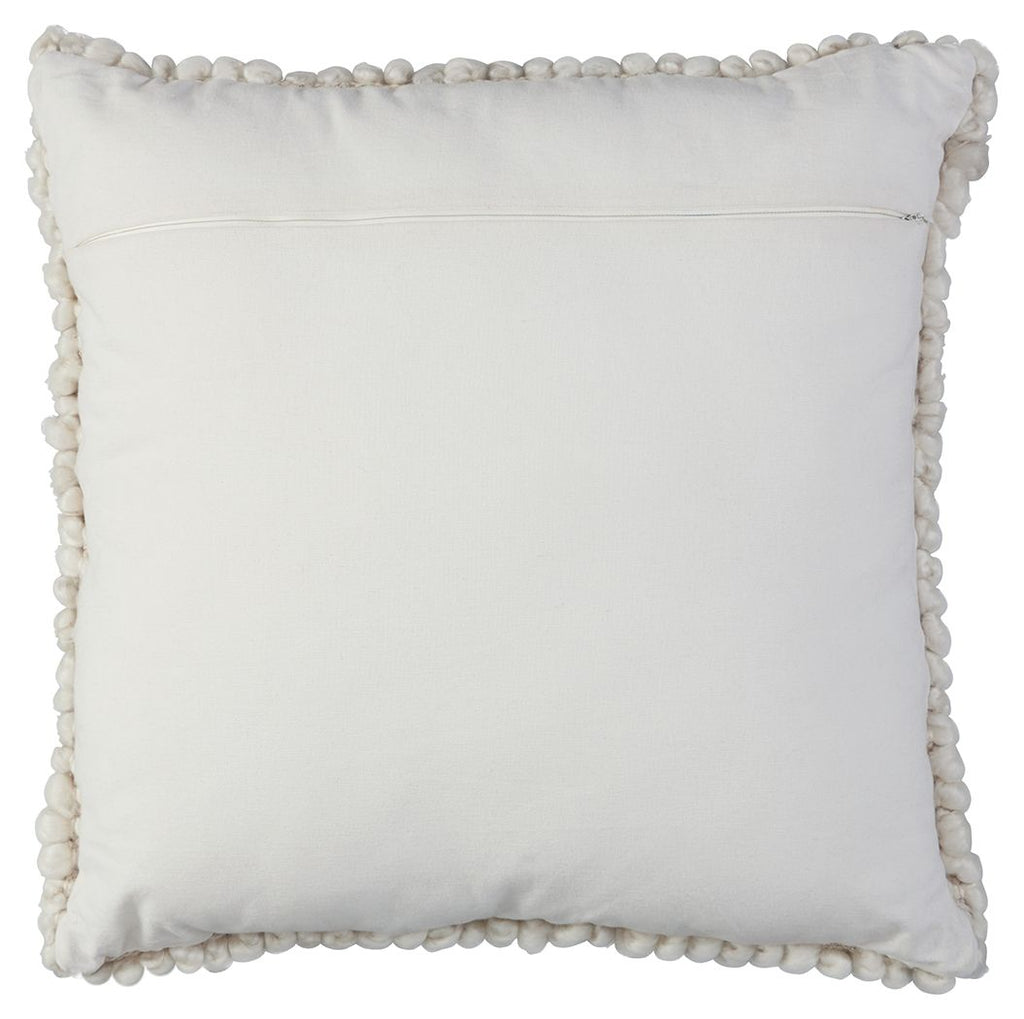 Square decorative pillow with smooth front and braided pom-pom border