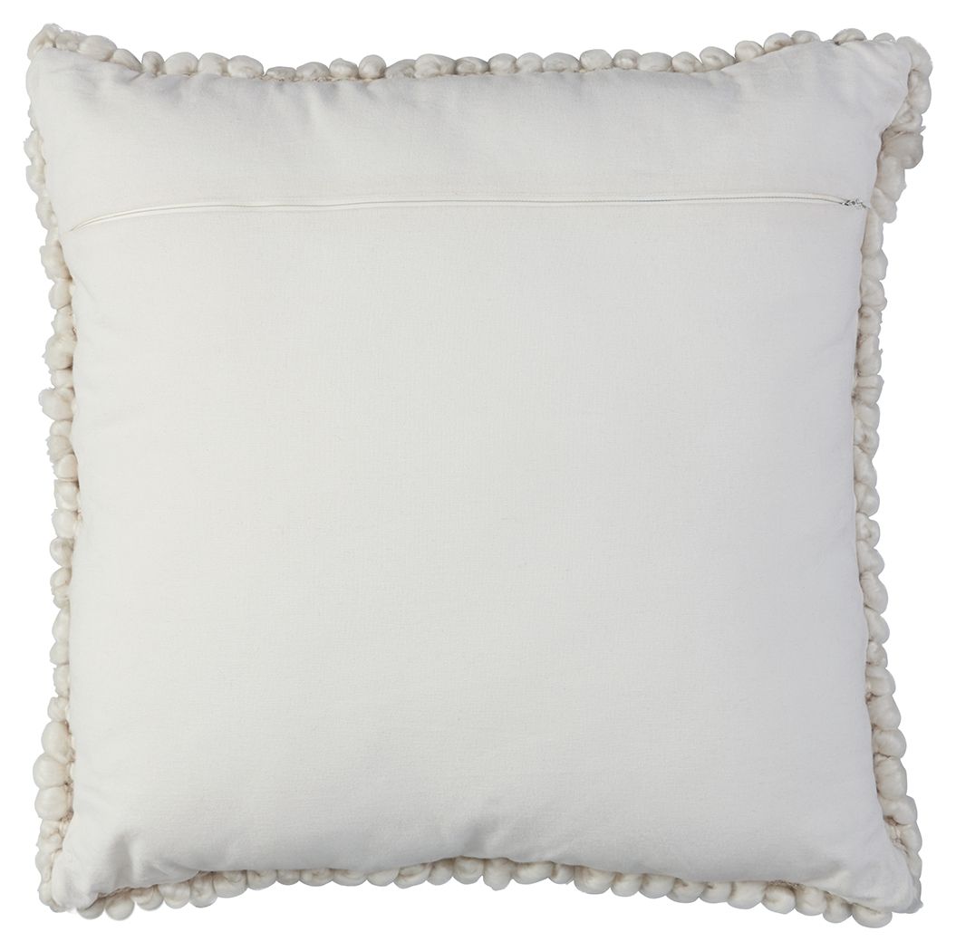 Square decorative pillow with smooth front and braided pom-pom border